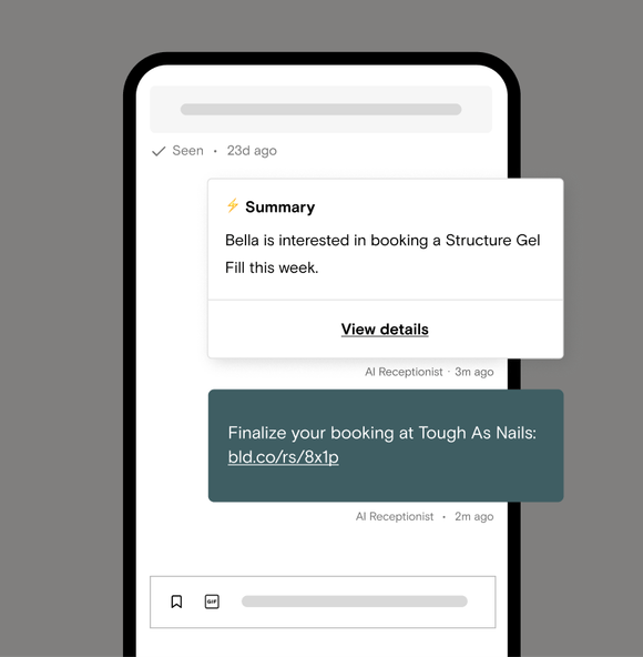 AI receptionist summarizing a client conversation and sending an automated text in Boulevard