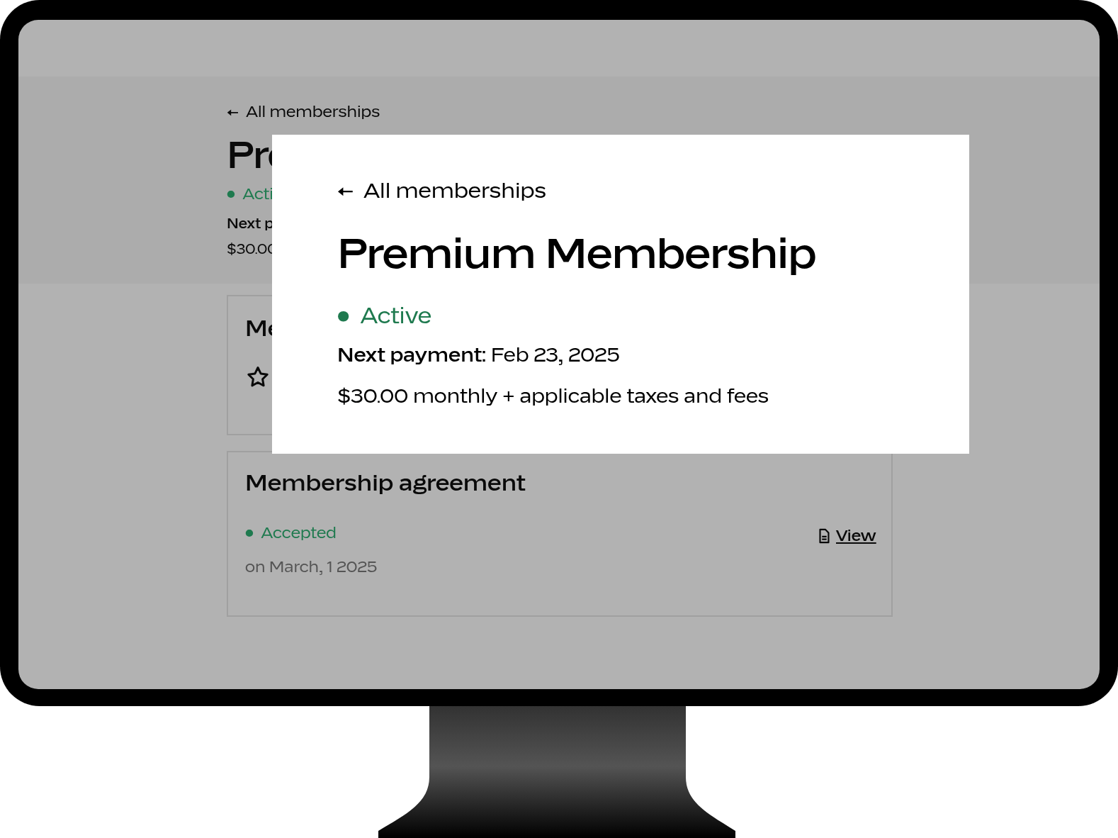 A Boulevard membership page showing an active Premium Membership with its next payment date