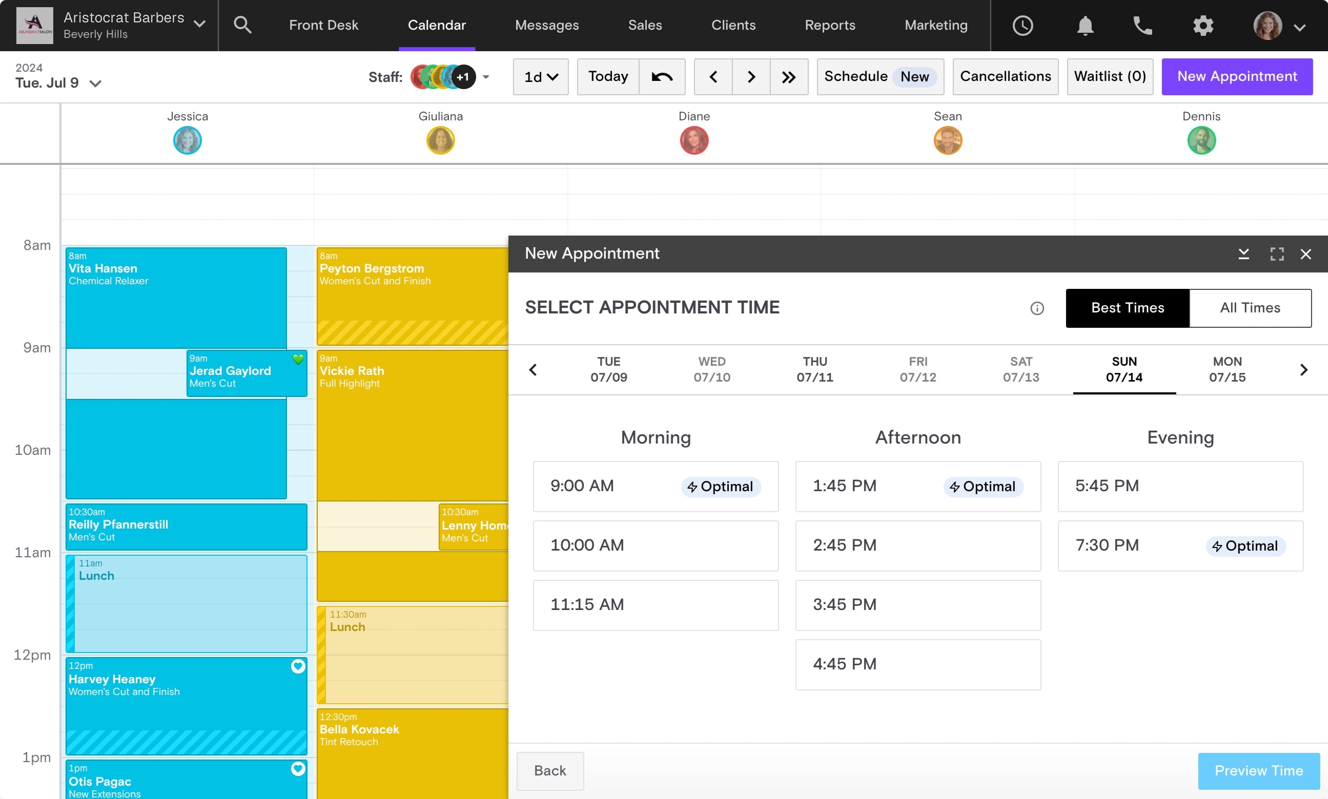 Boulevard calendar with staff columns and the New Appointment panel suggesting optimal booking times