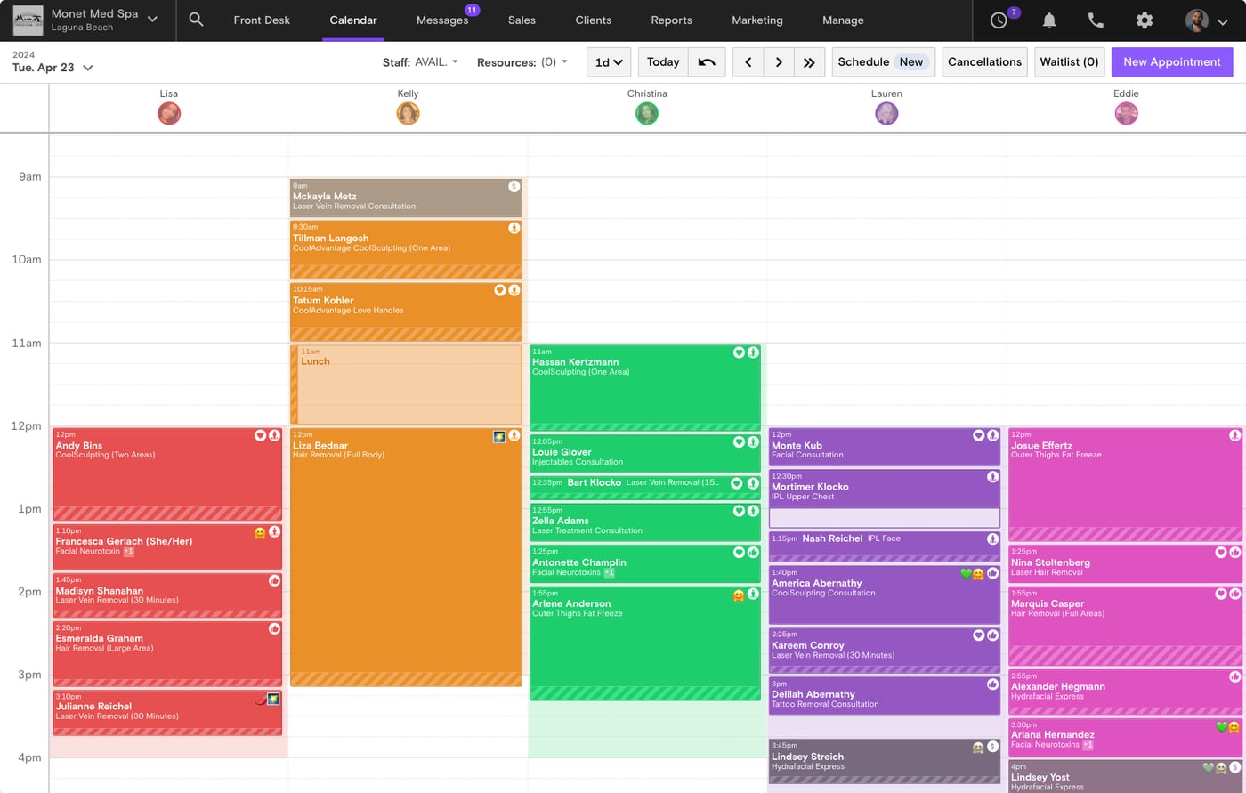 A medspa day in the Boulevard calendar: consultations, injectables and laser appointments across five providers