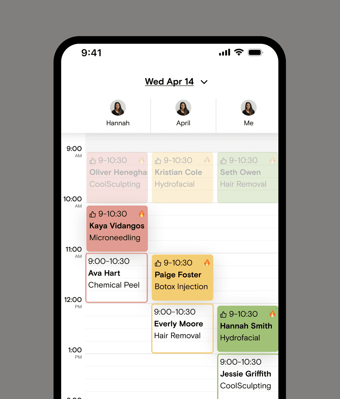Boulevard’s calendar on a phone, showing a day of booked medspa appointments