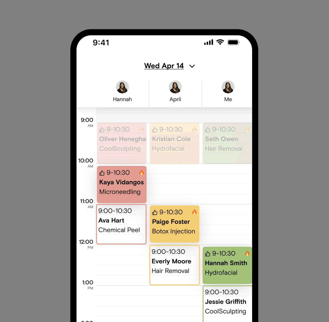 Boulevard’s calendar on a phone, showing a day of booked medspa appointments