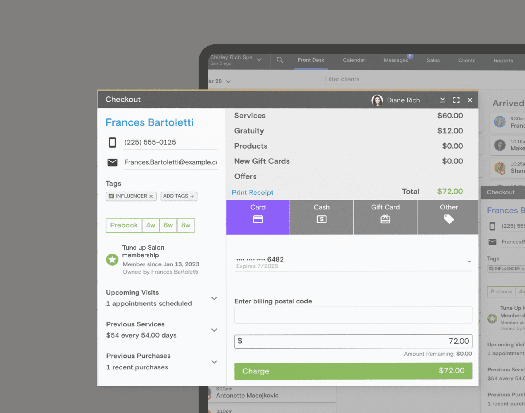 Boulevard checkout charging a card for a $72 service