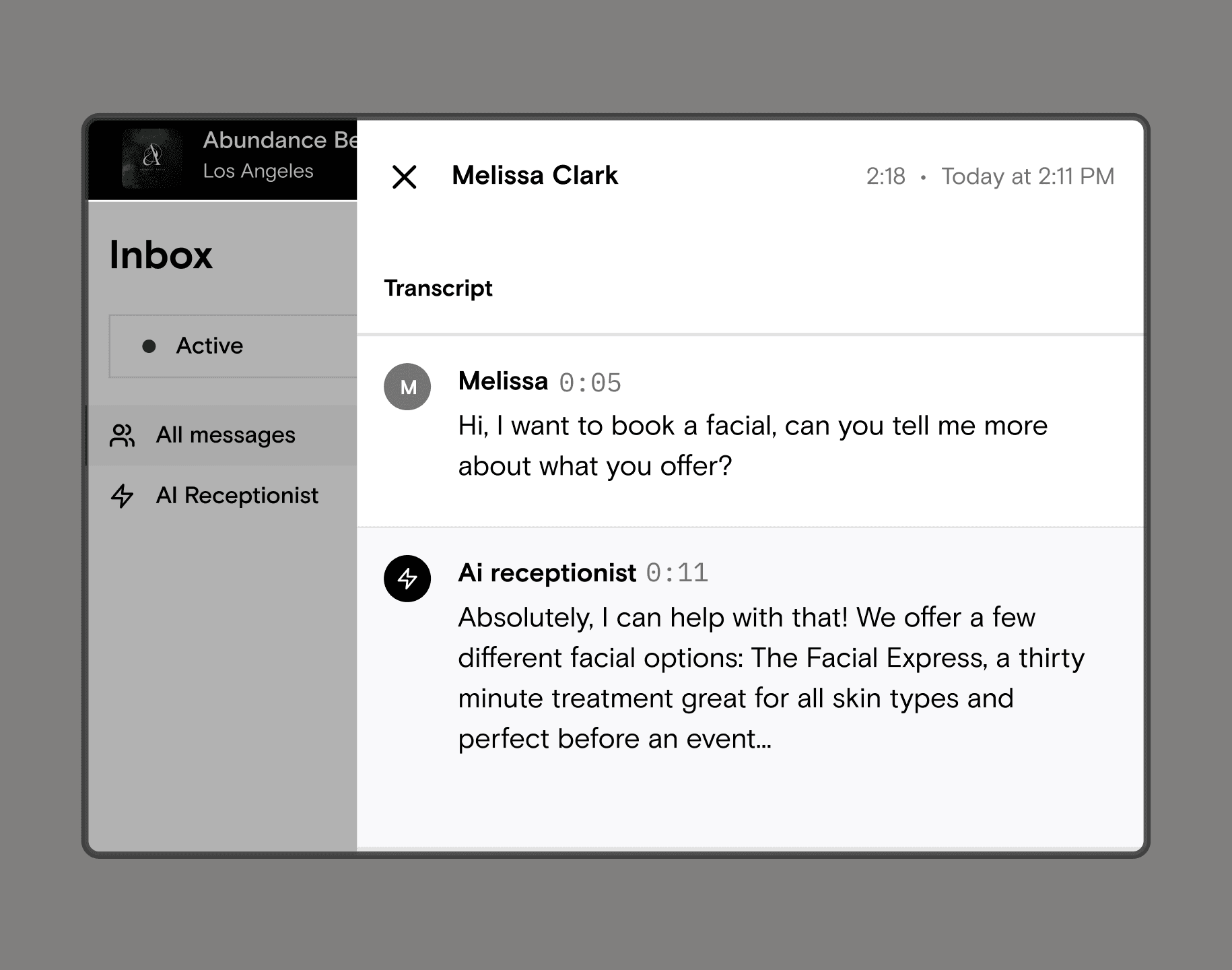 An AI receptionist conversation transcript in the Boulevard inbox