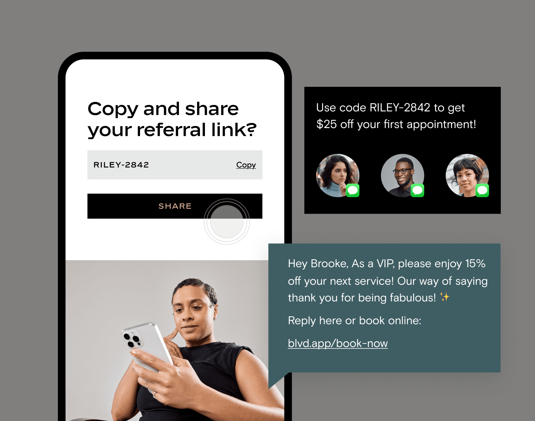 Referral link sharing and an automated VIP discount text in Boulevard