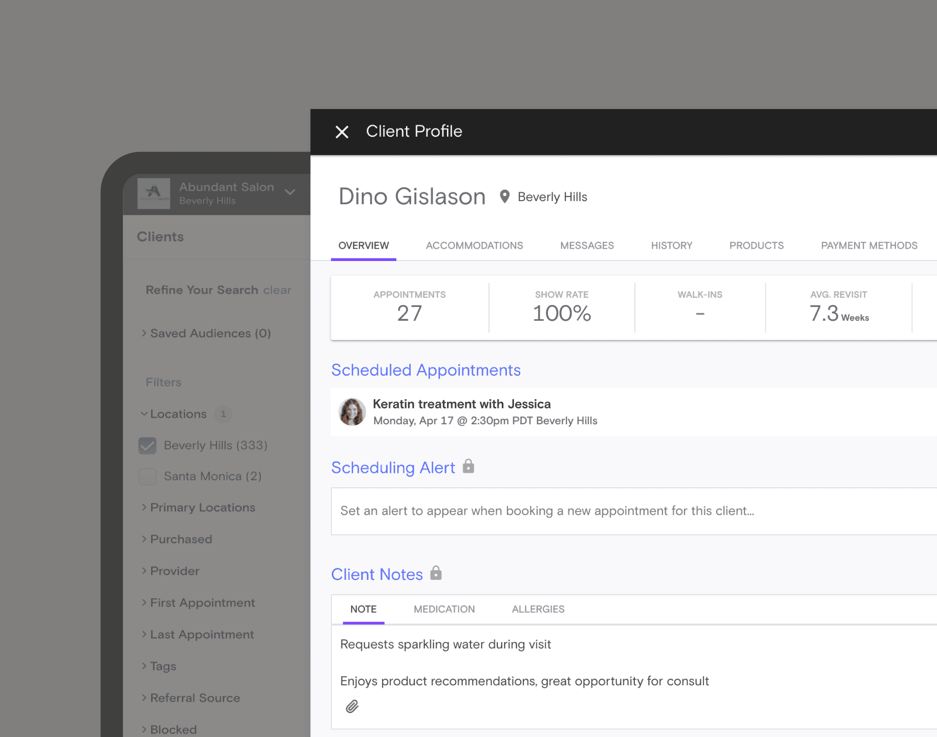 A client profile with appointment history and notes in Boulevard