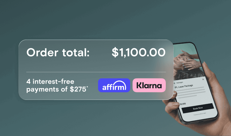 A hand holds a phone showing a $1,100 IPL laser package ready to book, with an overlay card offering four interest-free payments of $275 through Affirm and Klarna.