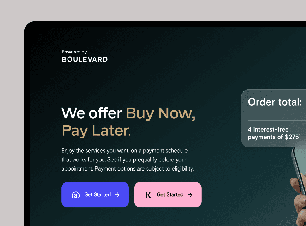 Boulevard Buy Now, Pay Later client webpage shown on a desktop display