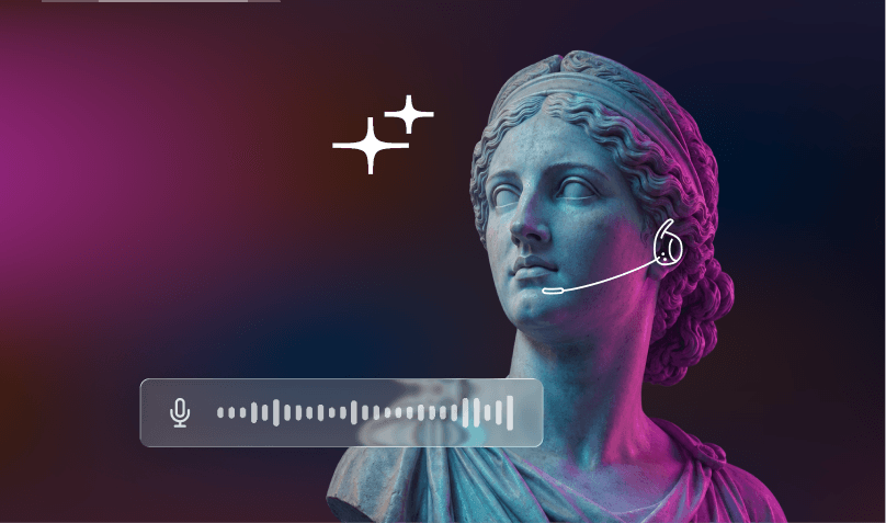 Statue of a woman wearing a phone headset, lit in purple and blue