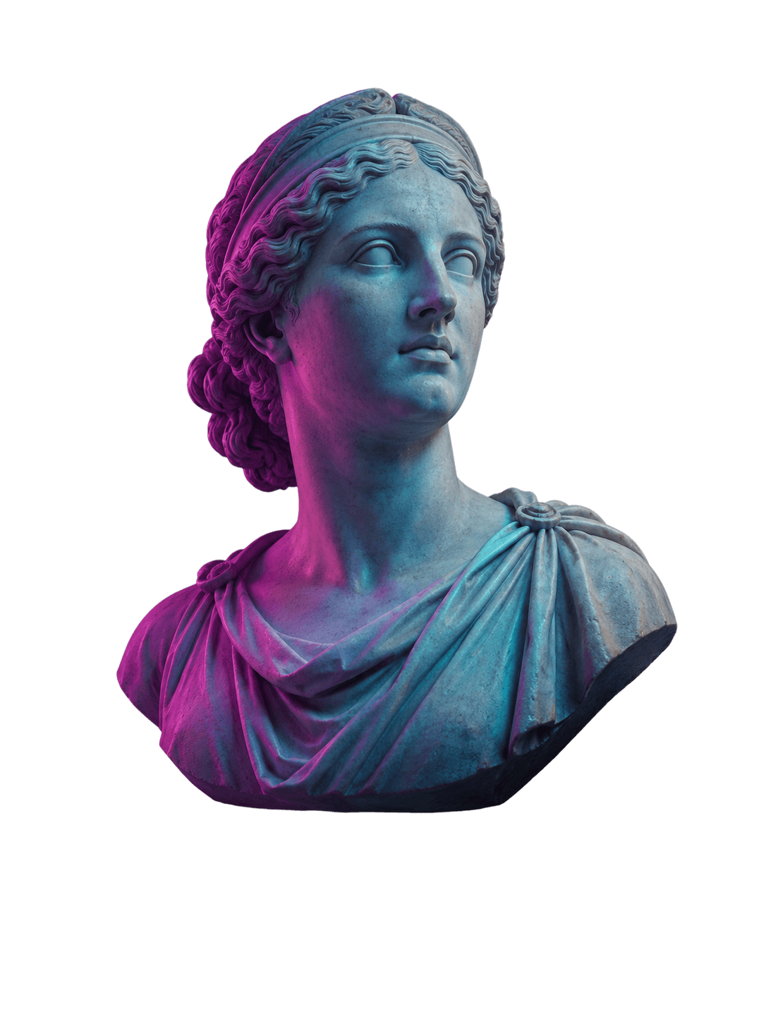 Statue of a woman wearing a phone headset, lit in purple and blue