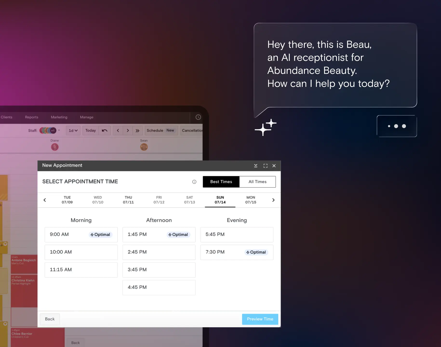 An AI receptionist chat bubble beside a Boulevard appointment scheduler