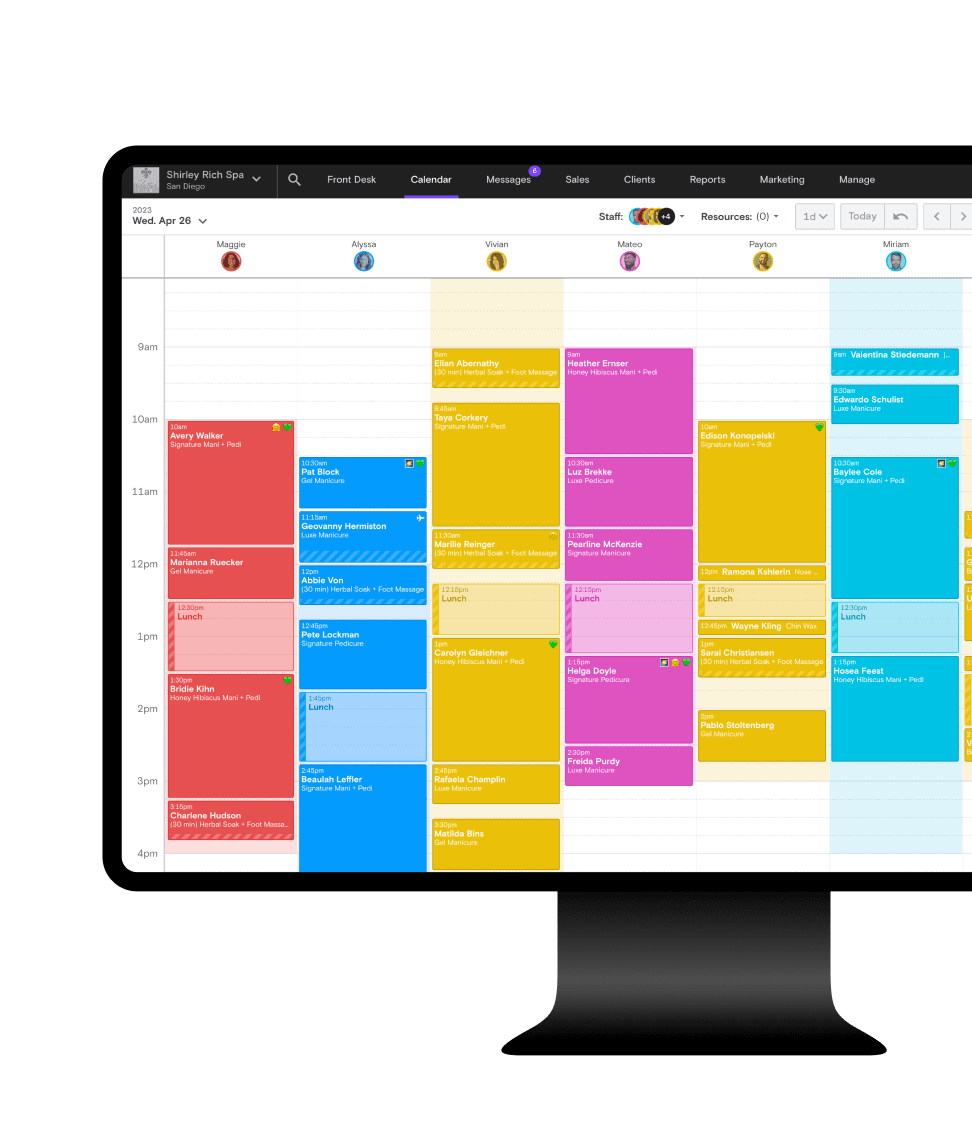 Boulevard calendar showing a full day of color-coded appointments across multiple providers
