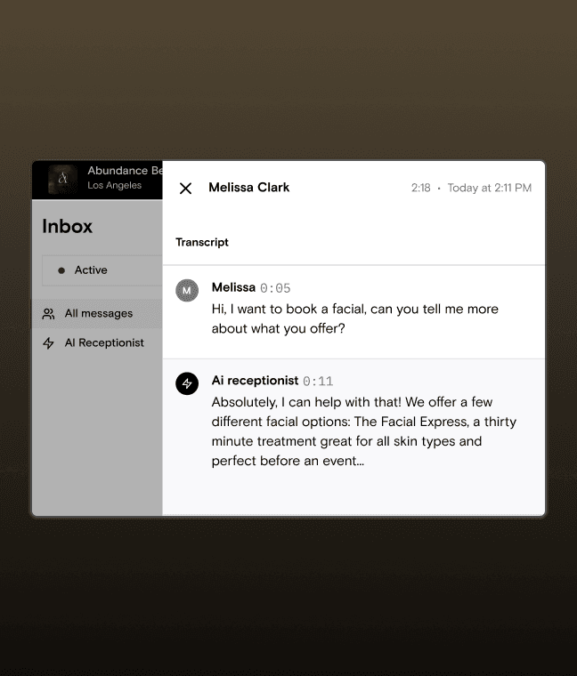 Boulevard inbox with a transcript of Beau answering a facial booking call