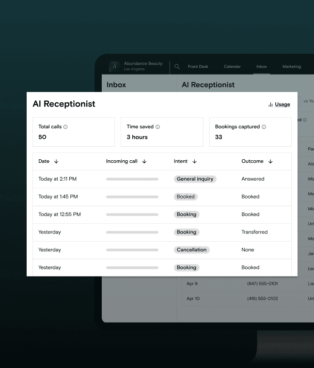 AI Receptionist dashboard showing total calls, time saved, and bookings captured