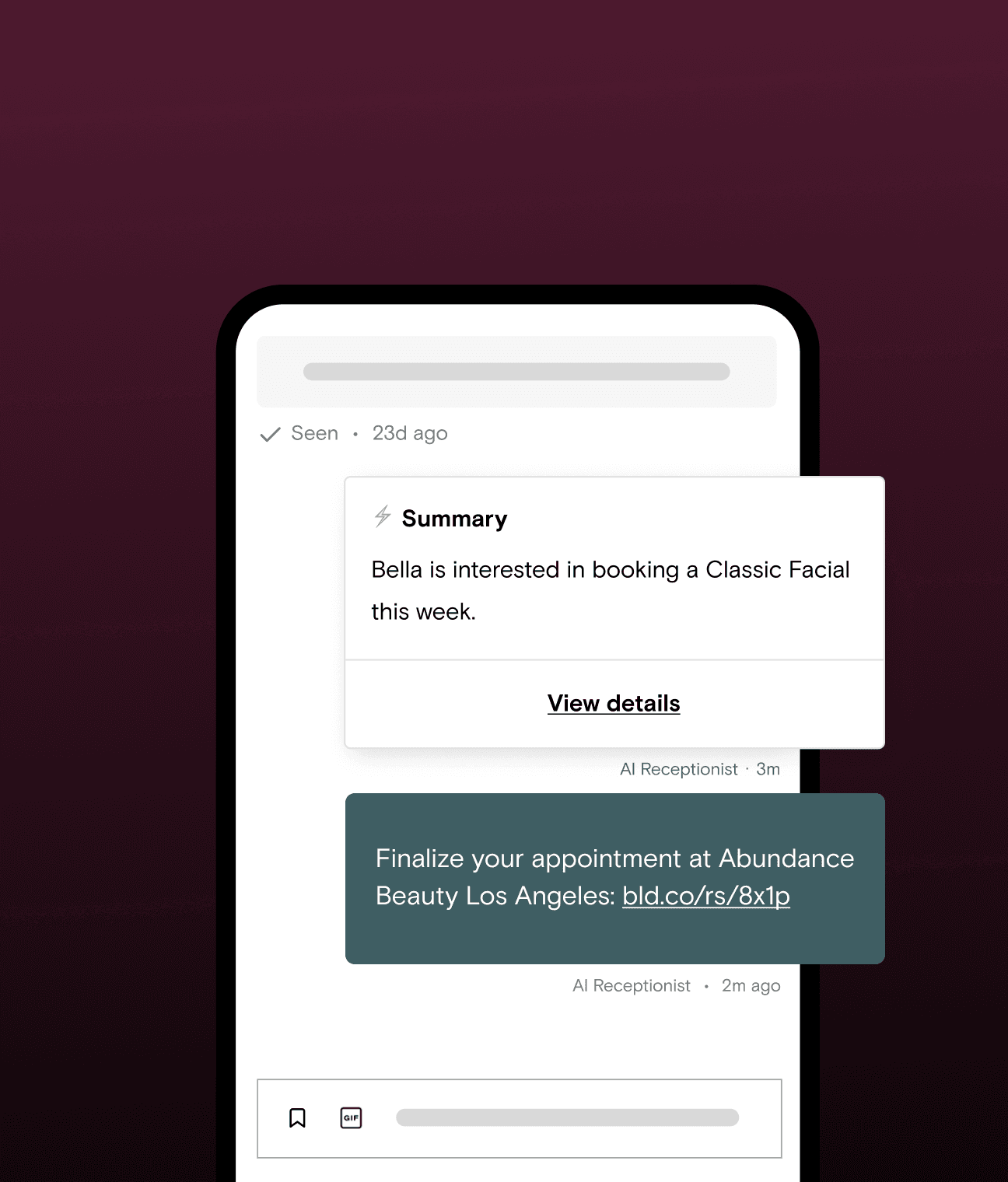 Phone showing an AI Receptionist conversation summary and booking link