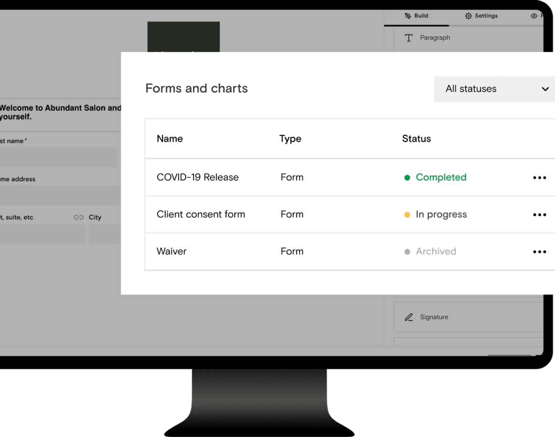 Forms and charts listed in Boulevard, each with its status