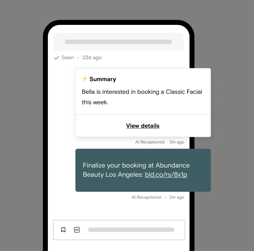 AI receptionist summarizing and replying to a client conversation in Boulevard