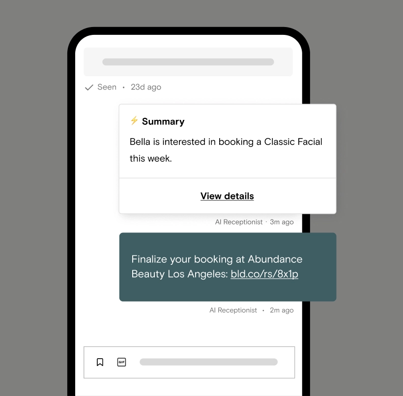 An AI Receptionist summarizing a client's booking request and confirming their appointment via text in Boulevard
