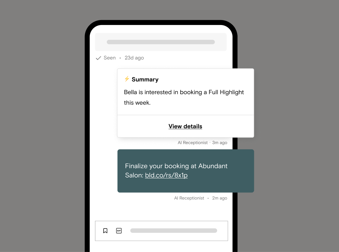 An AI receptionist summarizing and following up on a client conversation in Boulevard