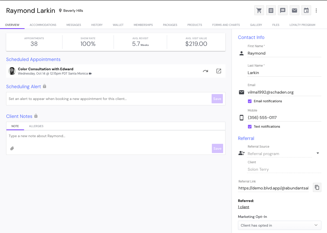 Boulevard client profile showing lifetime value, visit history, and client details