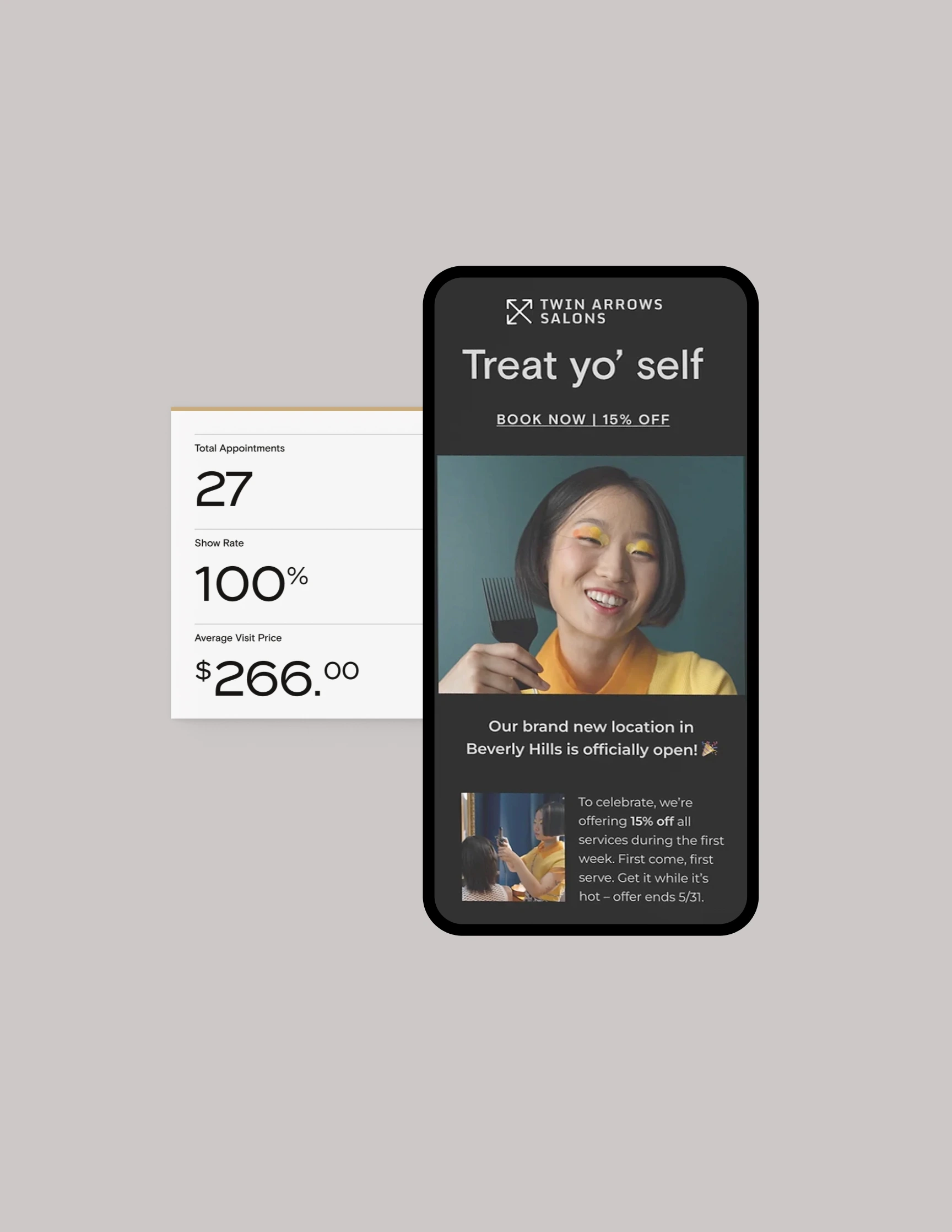 A phone showing a promotional email beside a card listing total appointments, show rate and average visit price