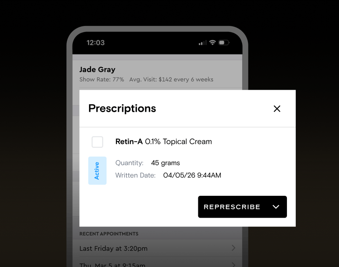 An active prescription and represcribe action in the Boulevard app