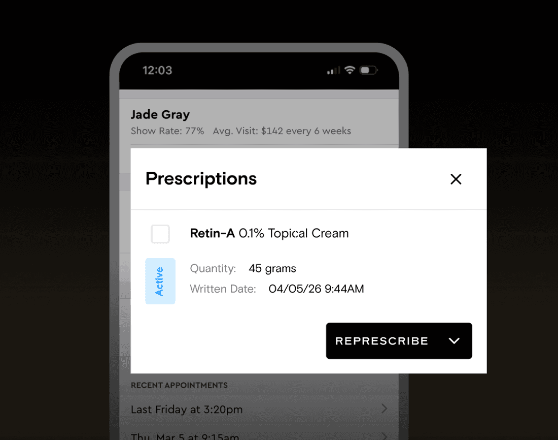 An active prescription and represcribe action in the Boulevard app