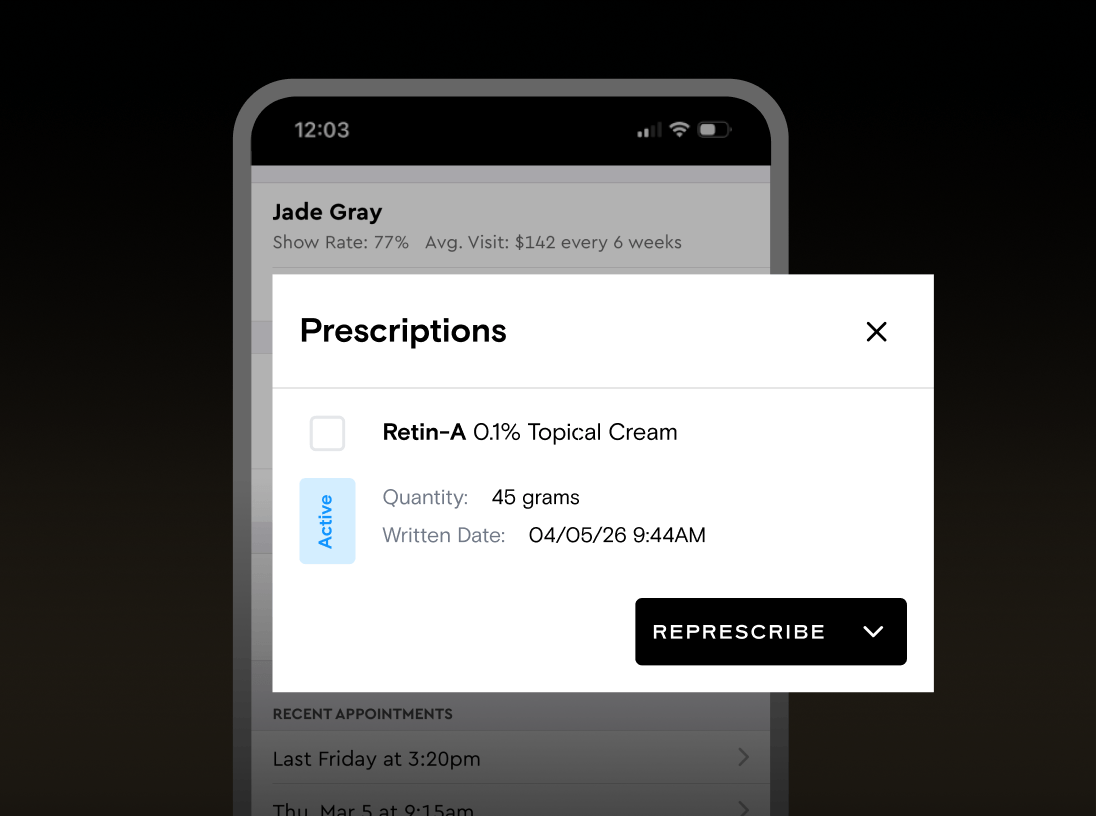 An active prescription and represcribe action in the Boulevard app