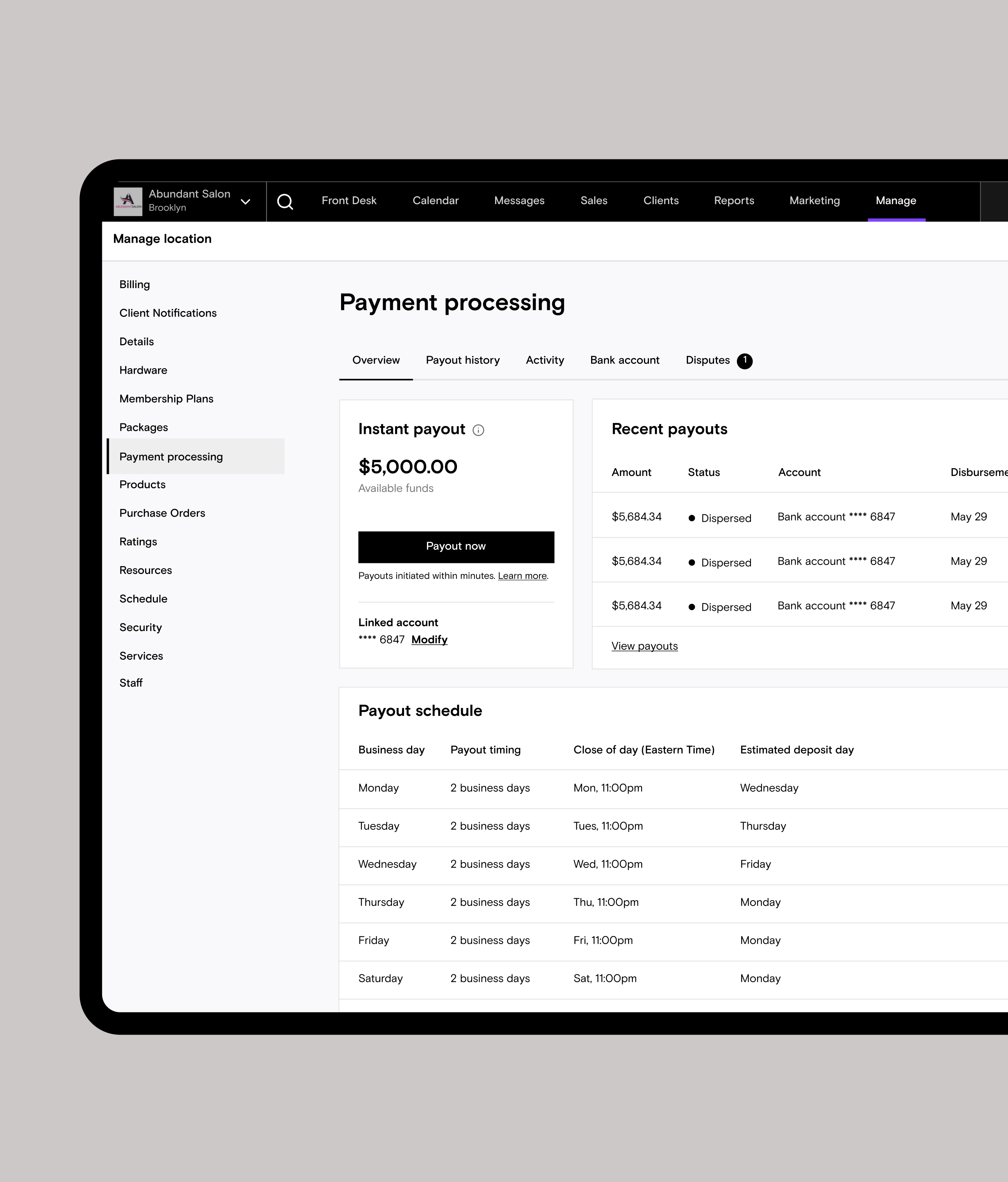 Boulevard payment processing screen with payouts and payout schedule