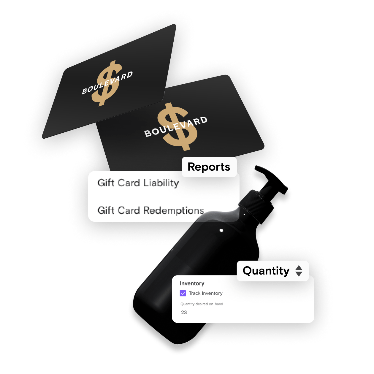 Boulevard inventory tracking and gift card reports beside a retail product bottle