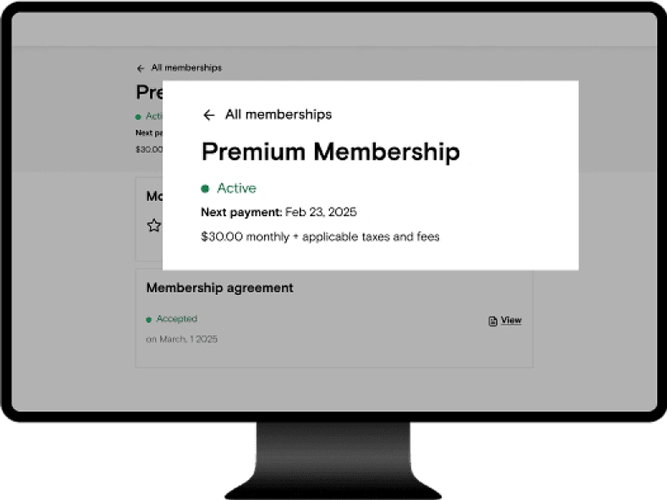 A client's Premium Membership details in Boulevard, showing active status, next payment date, and the signed membership agreement