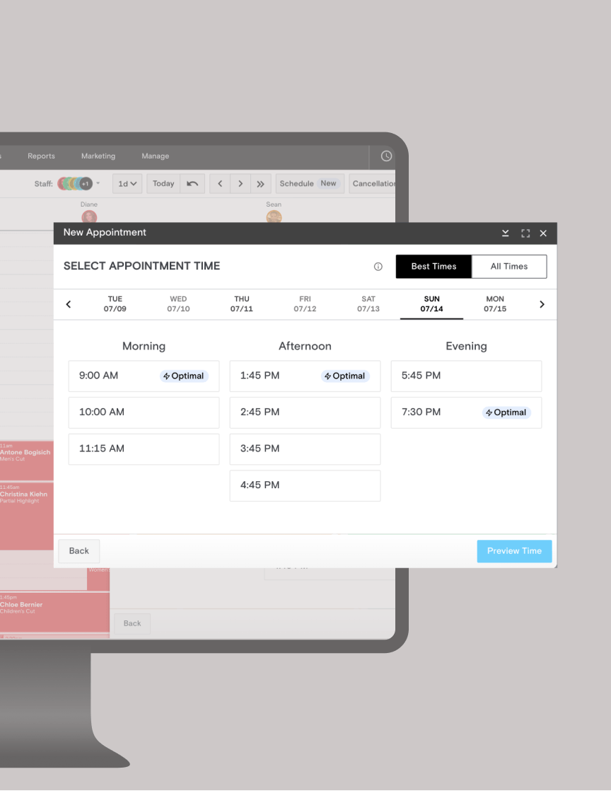 Boulevard’s appointment time picker marking the best times for each part of the day as optimal