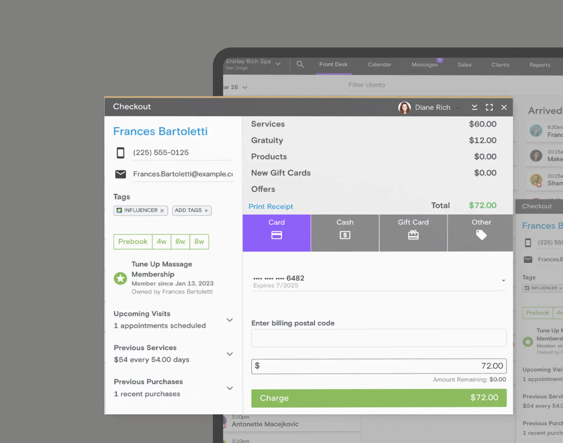 Boulevard checkout charging a card for a $72 service
