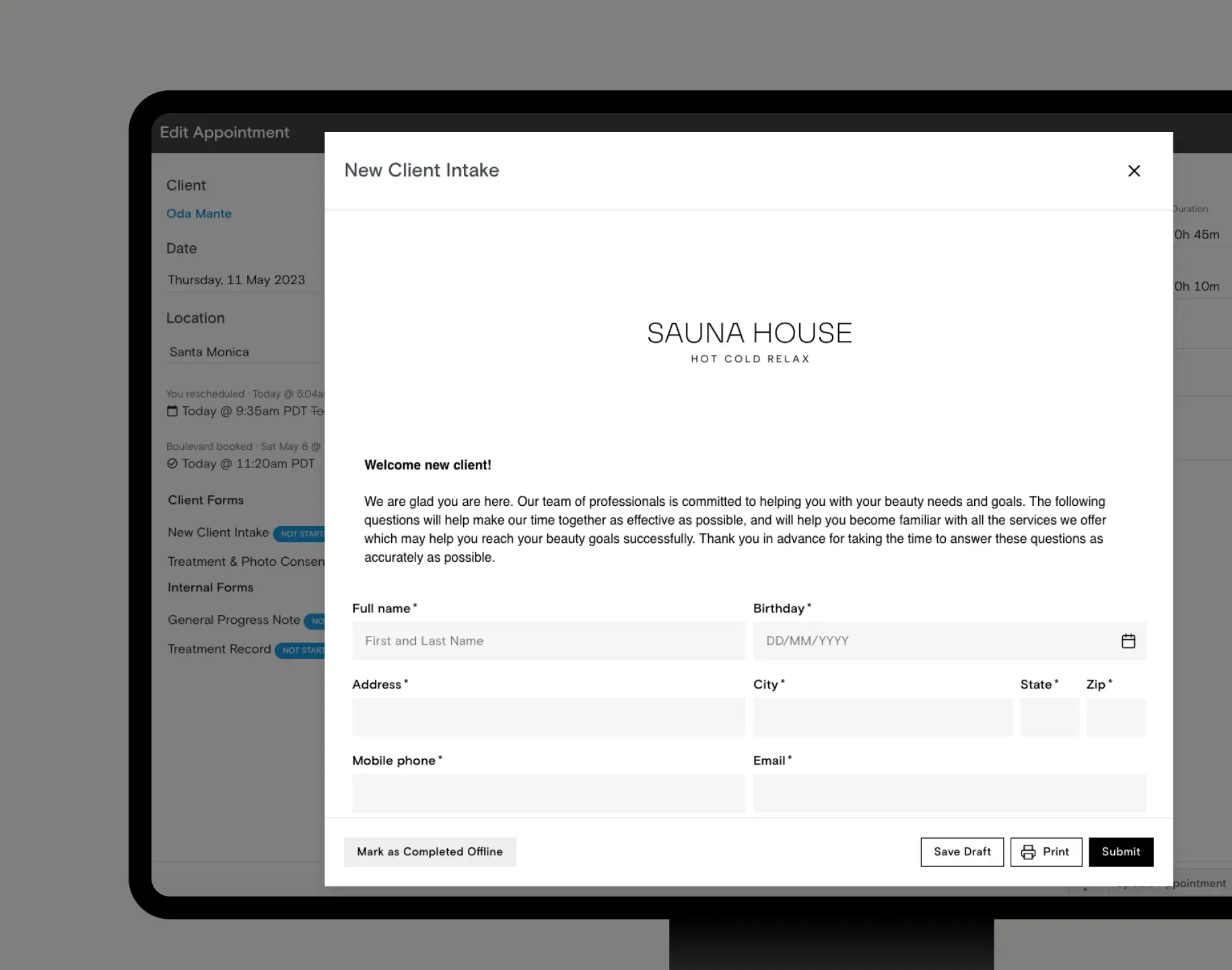 A new client intake form attached to a Boulevard appointment
