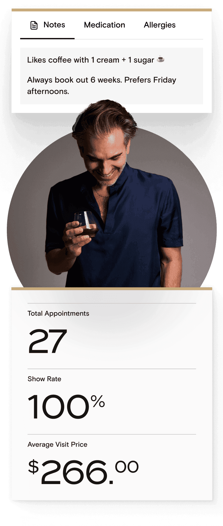 Boulevard client notes, appointment stats and upcoming bookings around a smiling client