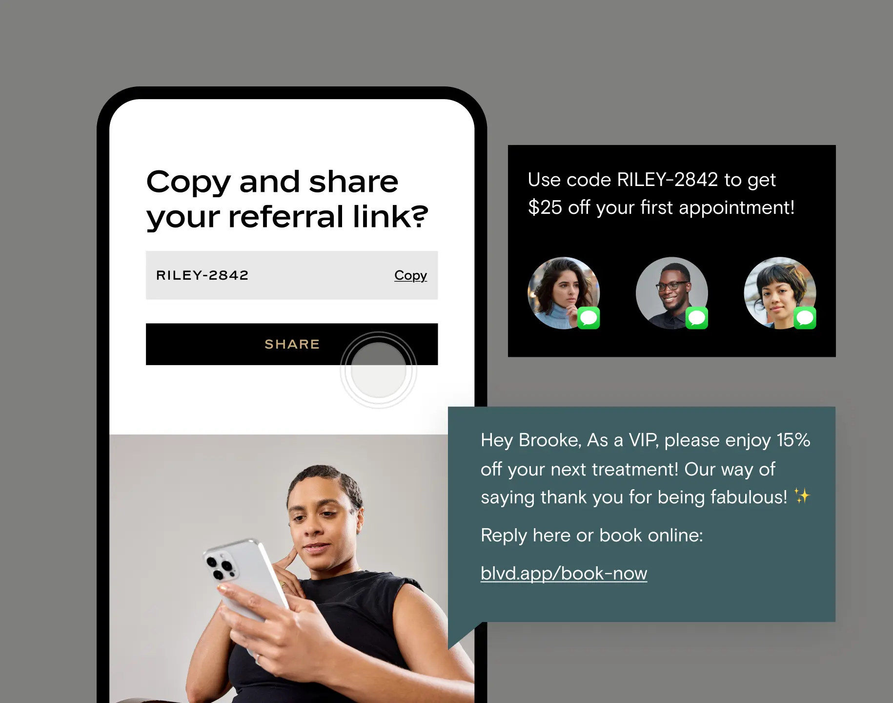 Referral link sharing and automated VIP text offers in Boulevard