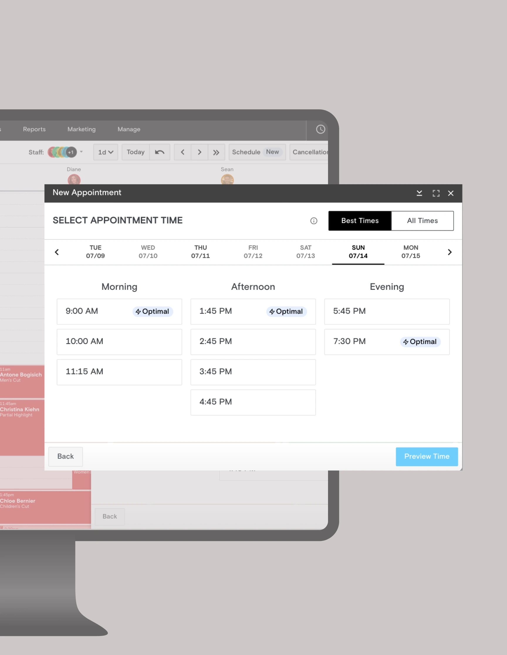 Boulevard appointment time picker listing morning, afternoon and evening times, with some times marked optimal