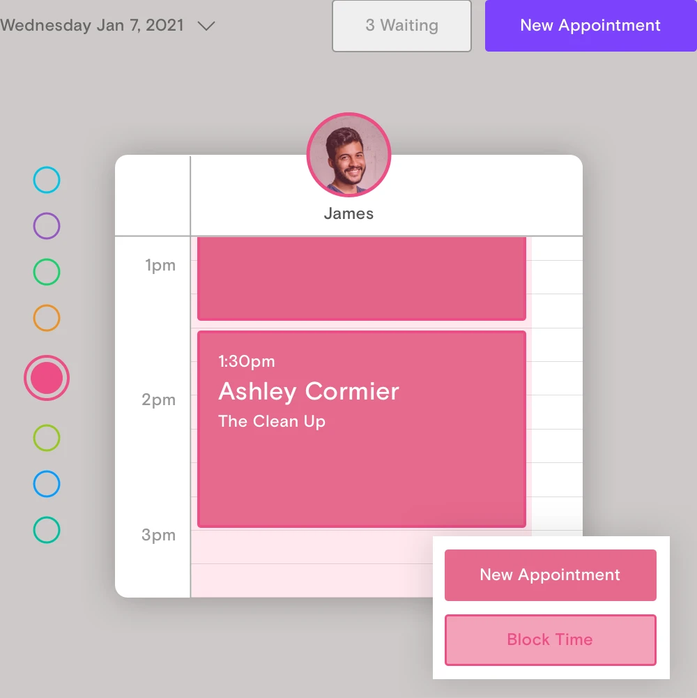Boulevard calendar column for one provider showing a booked appointment, with New Appointment and Block Time options