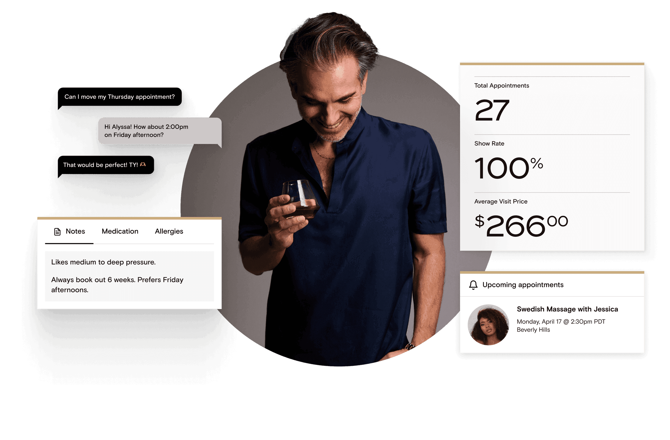 Boulevard client notes, appointment stats and upcoming bookings around a smiling client