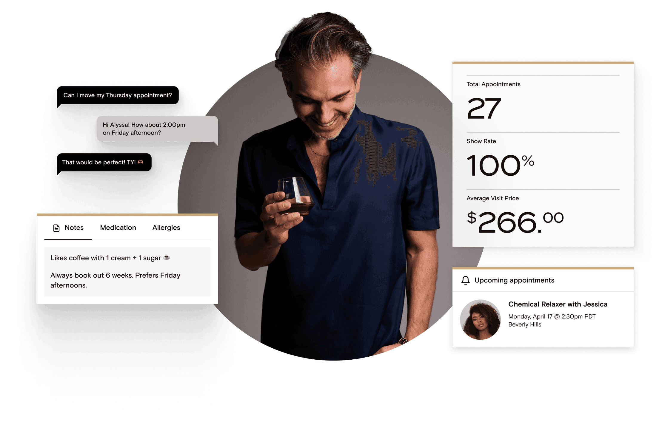Boulevard client notes, appointment stats and upcoming bookings around a smiling client