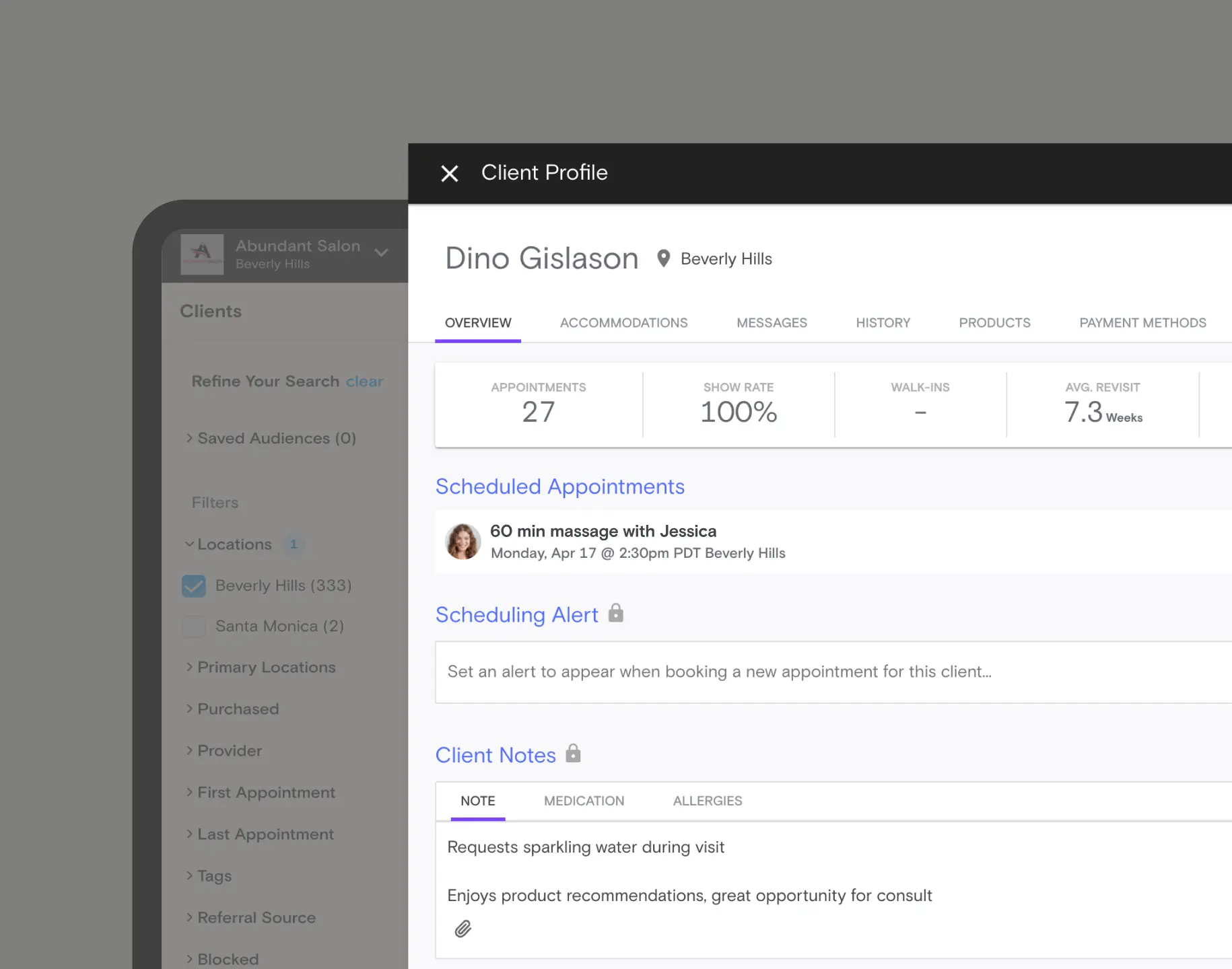 A client profile showing appointment history and notes in Boulevard