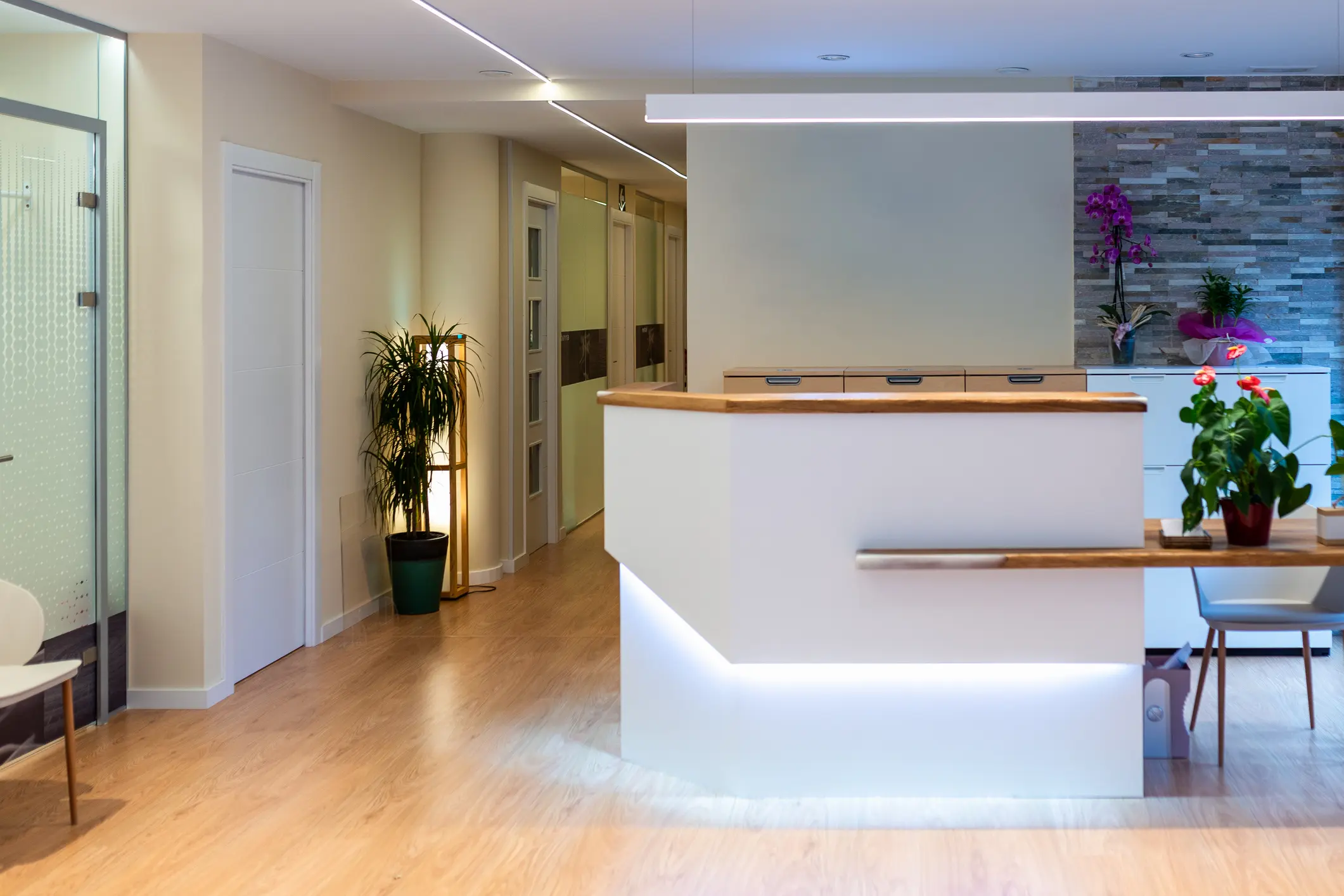 Check-in counter inside the reception area of a medical spa.