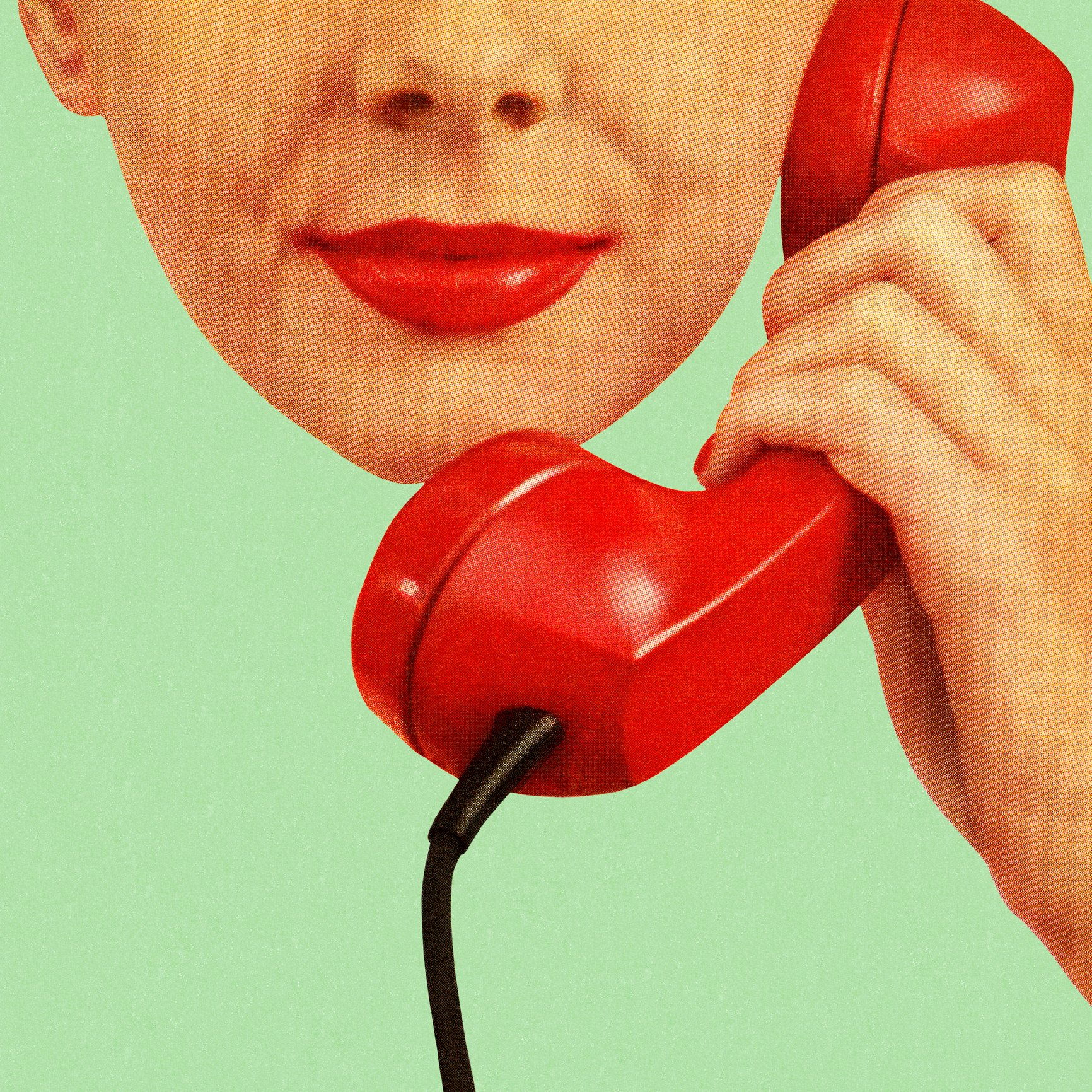 An art print. Lower half of a face wearing red lipstick is talking into a red phone receiver.