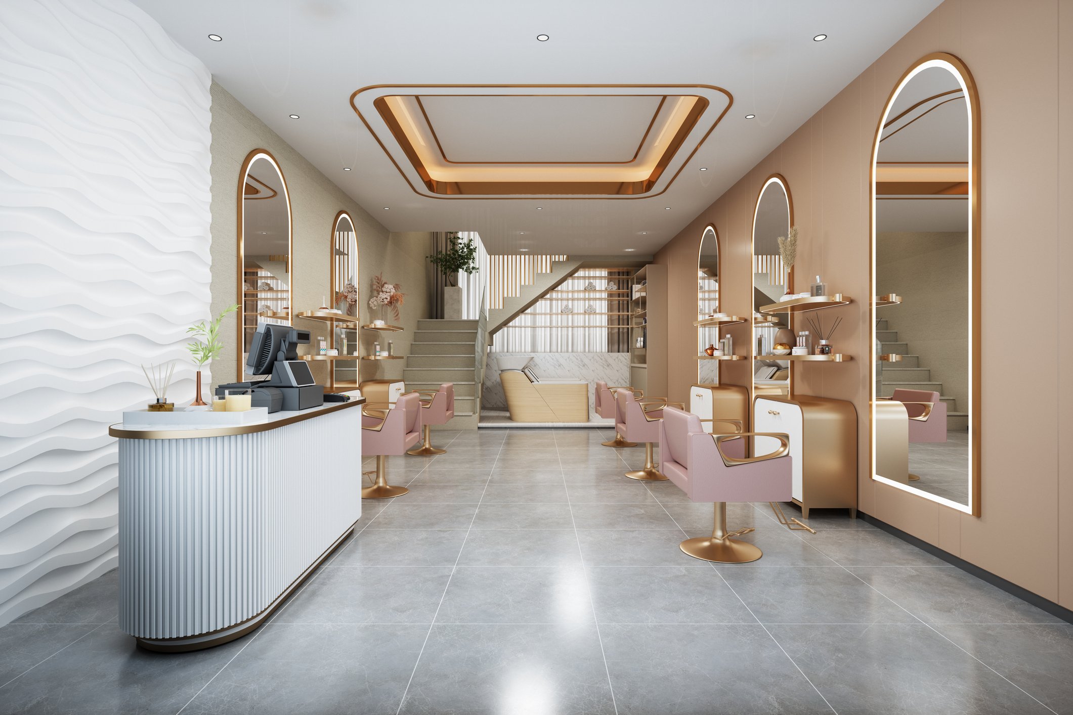 Mirrors hang in the interior of a rose gold beauty salon, with chairs dotted on granite tile