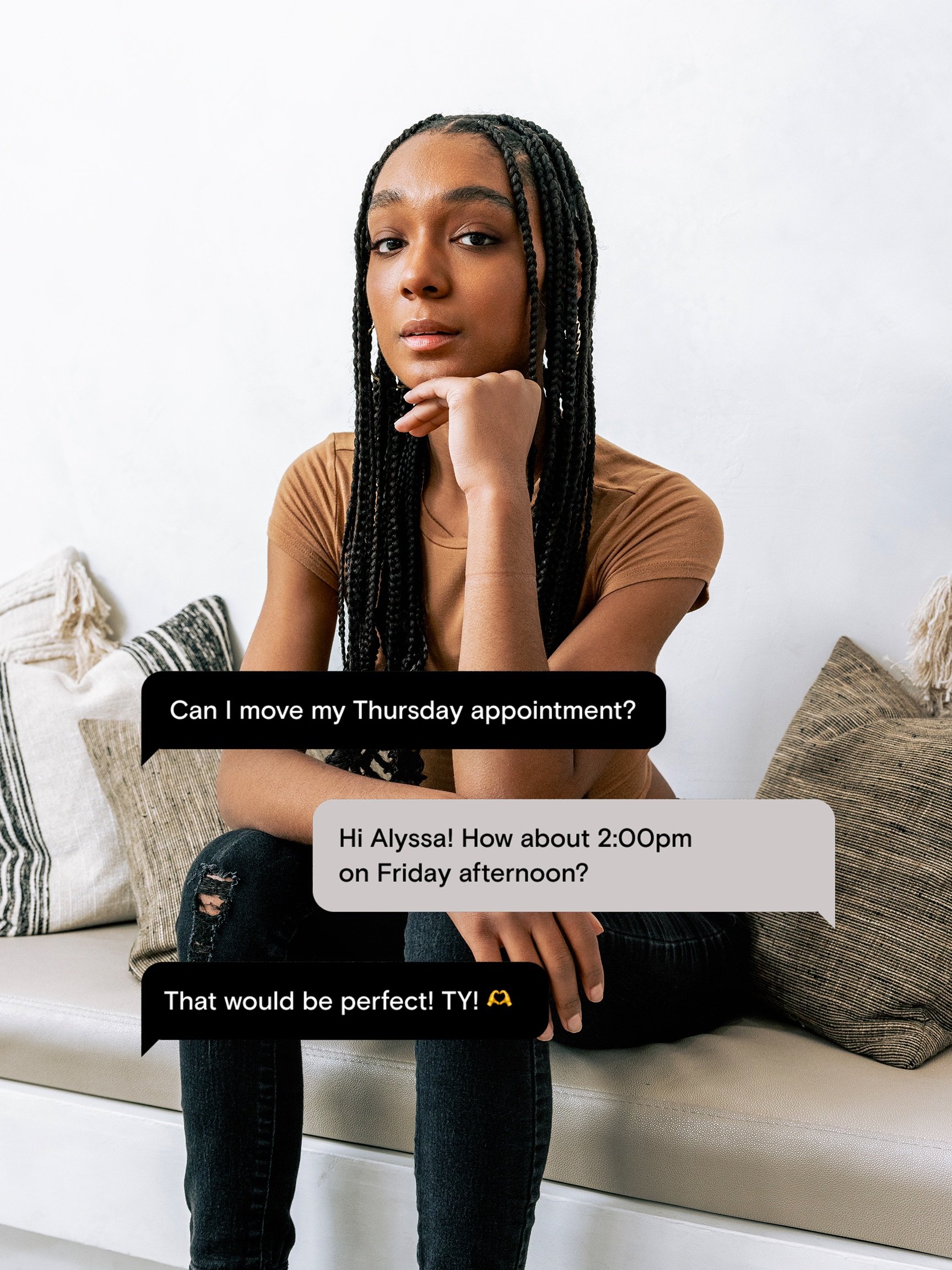 A dark blue background with one hand in a ballet shape in the center in the photo. 3 text bubbles are seen on the left side asking about rescheduling an appointment.